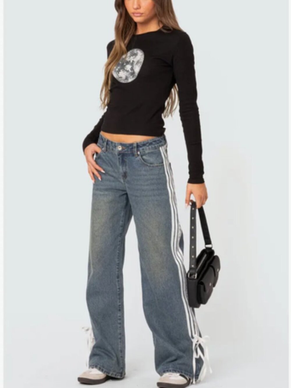 EDIKTED Low Rise Wide Leg Baggy Jeans Y2K Side Stripes Lace Up Ties Blue Sz L